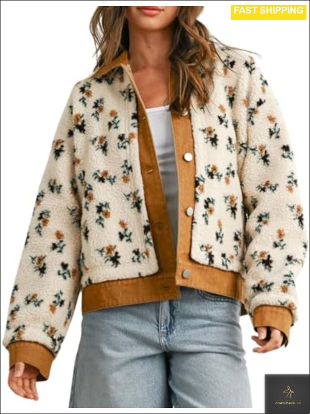 Floral Sherpa Fleece Jacket Oversized Button Down Denim Collar